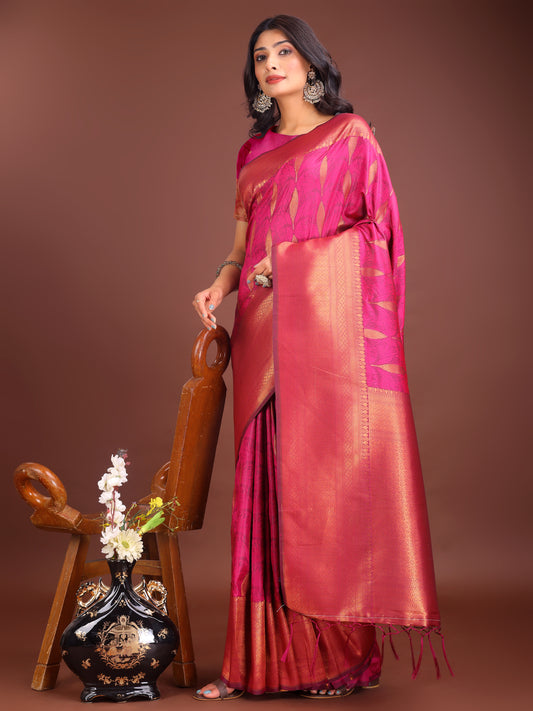 Astita Magenta Linen Cotton Saree with Golden Zari Leaf Woven Design & Rich Pallu – Festive Wear | Office Look | Soft Drape