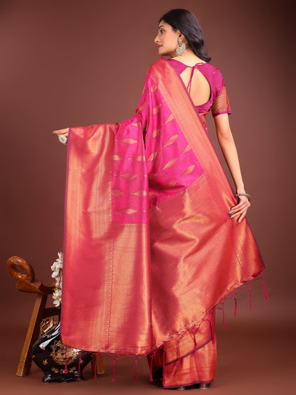 Astita Magenta Linen Cotton Saree with Golden Zari Leaf Woven Design & Rich Pallu – Festive Wear | Office Look | Soft Drape