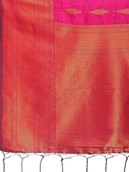 Astita Magenta Linen Cotton Saree with Golden Zari Leaf Woven Design & Rich Pallu – Festive Wear | Office Look | Soft Drape