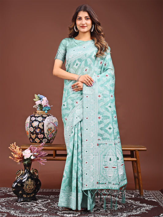 Astita Sea Green Bliss Linen Cotton Saree – Timeless Beauty in woven work Threads