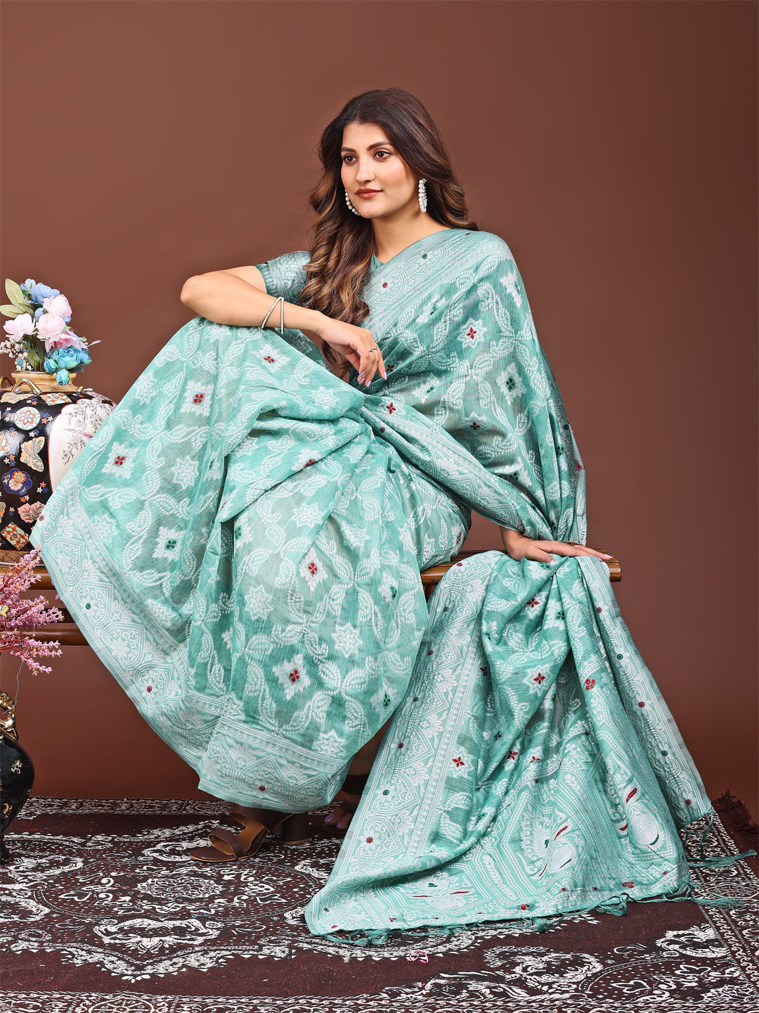 Astita Sea Green Bliss Linen Cotton Saree – Timeless Beauty in woven work Threads