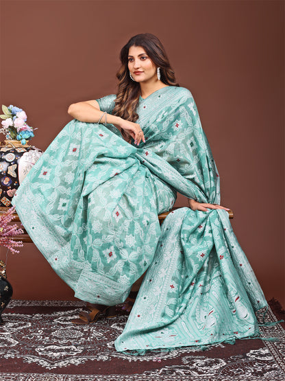 Astita Sea Green Bliss Linen Cotton Saree – Timeless Beauty in woven work Threads