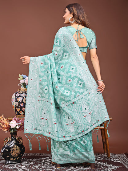 Astita Sea Green Bliss Linen Cotton Saree – Timeless Beauty in woven work Threads