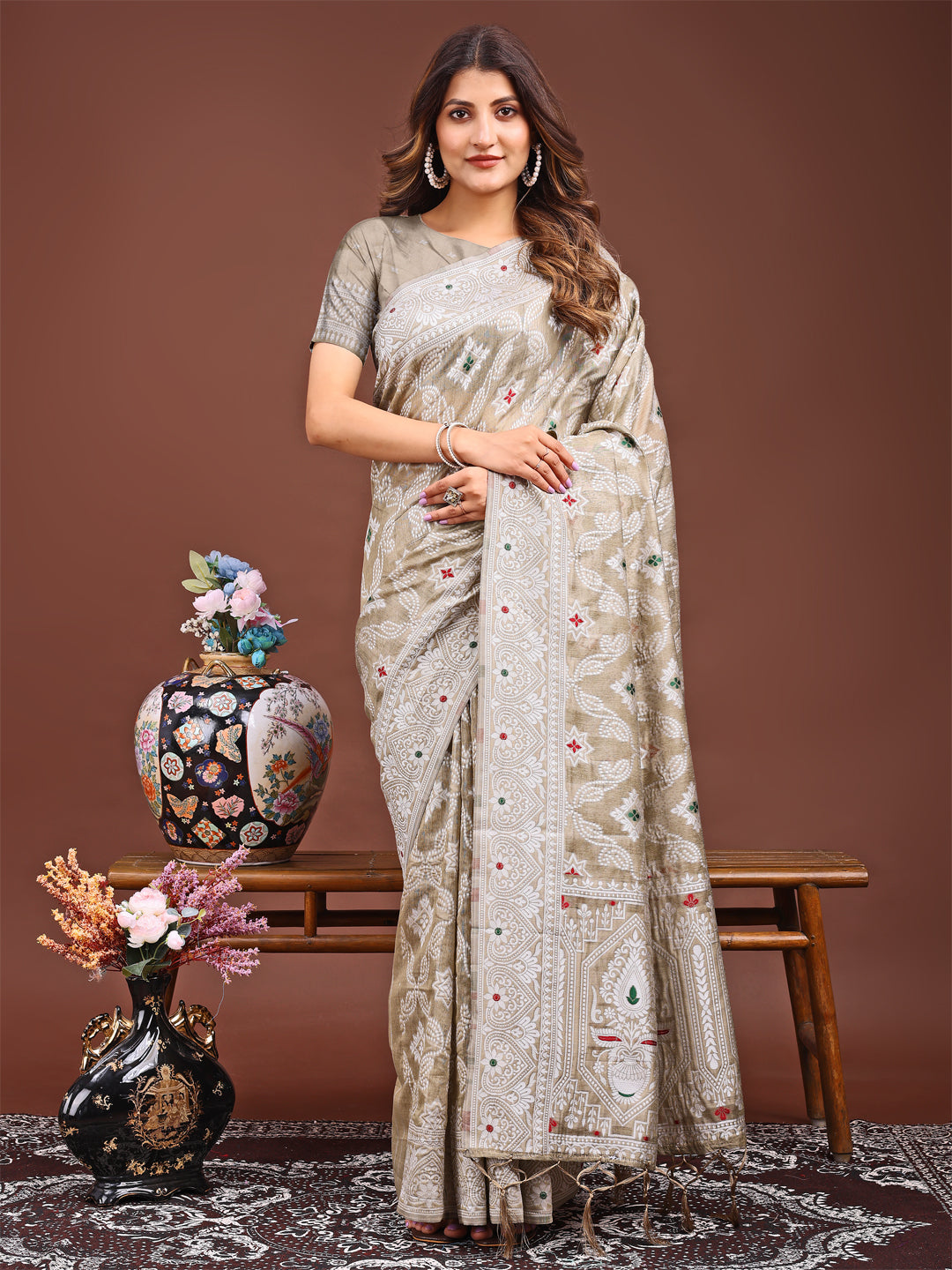 Astita Brown Bliss Linen Cotton Saree – Timeless Beauty in woven work Threads