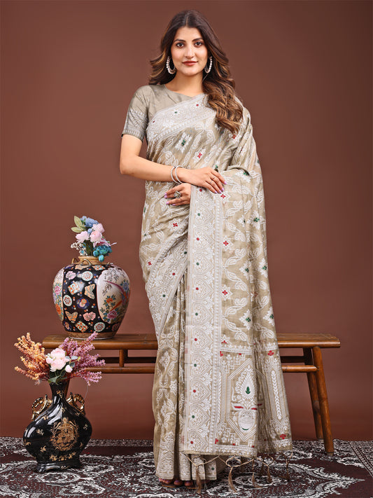 Astita Brown Bliss Linen Cotton Saree – Timeless Beauty in woven work Threads