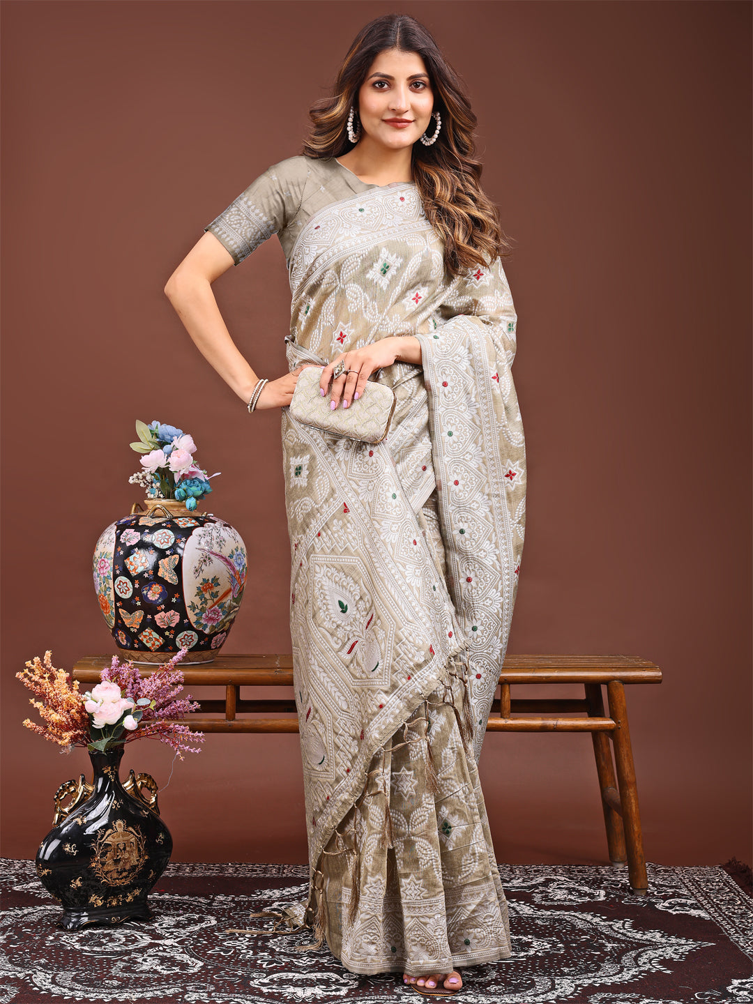 Astita Brown Bliss Linen Cotton Saree – Timeless Beauty in woven work Threads