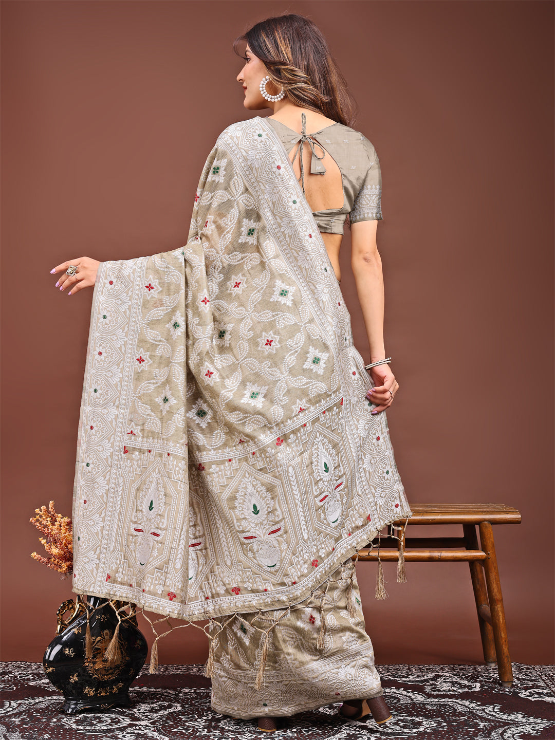 Astita Brown Bliss Linen Cotton Saree – Timeless Beauty in woven work Threads