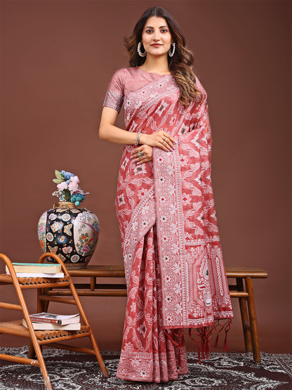 Astita Peach Bliss Linen Cotton Saree – Timeless Beauty in woven work Threads
