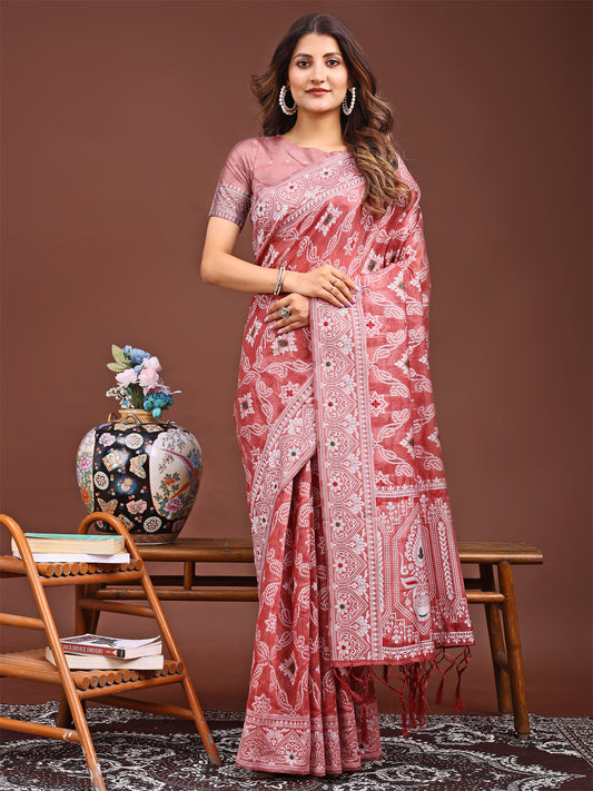 Astita Peach Bliss Linen Cotton Saree – Timeless Beauty in woven work Threads
