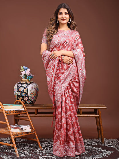 Astita Peach Bliss Linen Cotton Saree – Timeless Beauty in woven work Threads