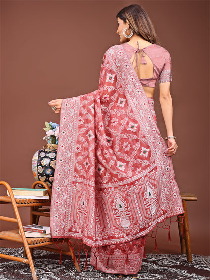 Astita Peach Bliss Linen Cotton Saree – Timeless Beauty in woven work Threads