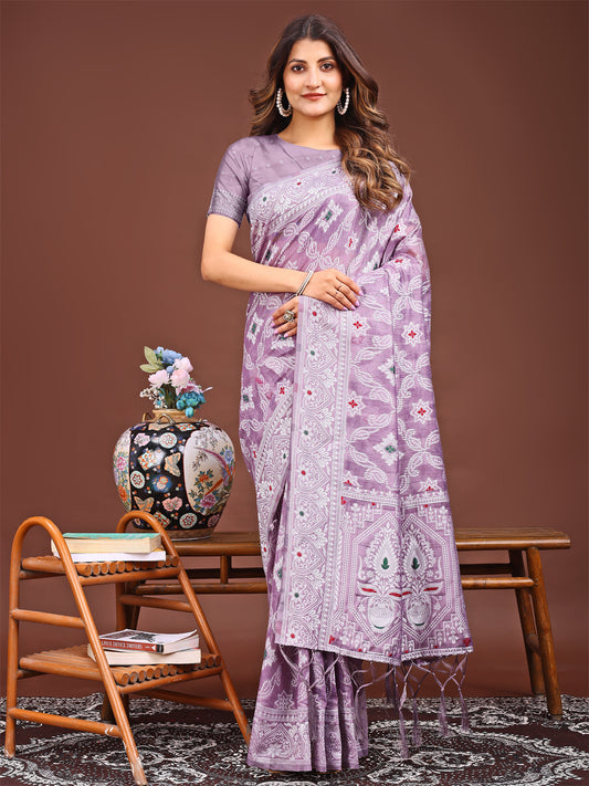 Astita Purple Bliss Linen Cotton Saree – Timeless Beauty in woven work Threads