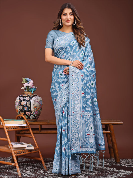 Astita Sky Blue Bliss Linen Cotton Saree – Timeless Beauty in woven work Threads