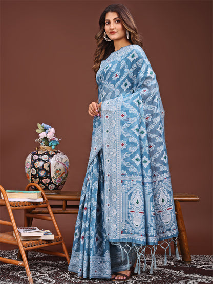 Astita Sky Blue Bliss Linen Cotton Saree – Timeless Beauty in woven work Threads