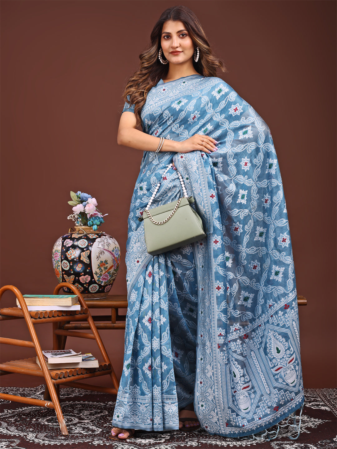 Astita Sky Blue Bliss Linen Cotton Saree – Timeless Beauty in woven work Threads