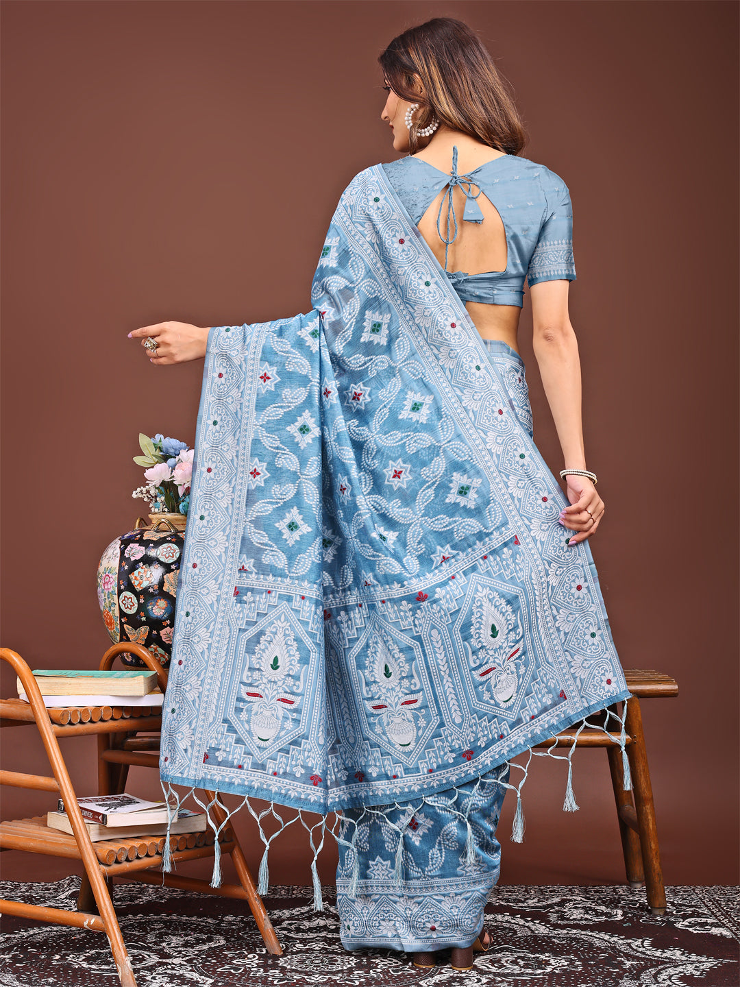 Astita Sky Blue Bliss Linen Cotton Saree – Timeless Beauty in woven work Threads