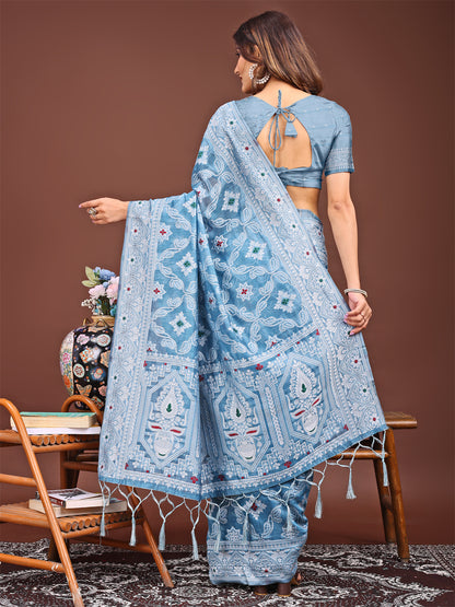 Astita Sky Blue Bliss Linen Cotton Saree – Timeless Beauty in woven work Threads