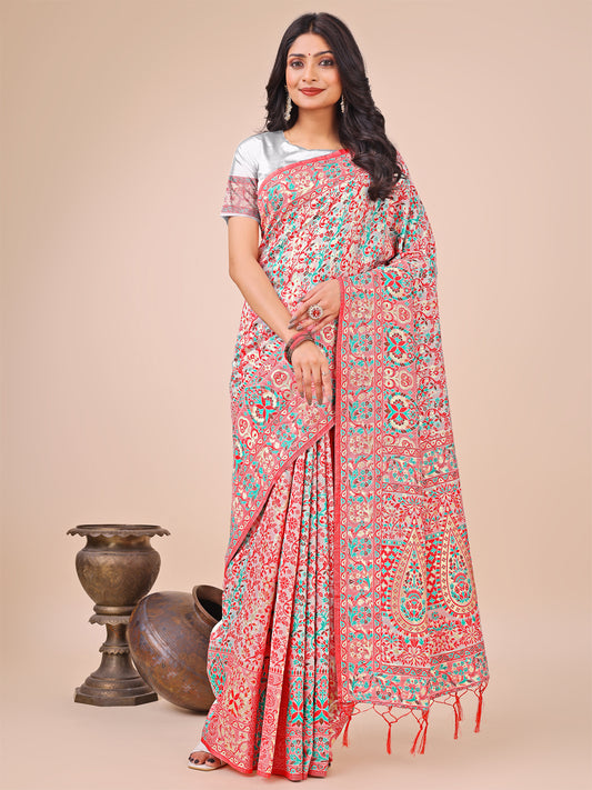 Elegant White Jacquard Linen Cotton Saree with Traditional Multicolor Weave & Tassel Pallu