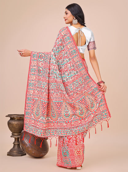 Elegant White Jacquard Linen Cotton Saree with Traditional Multicolor Weave & Tassel Pallu