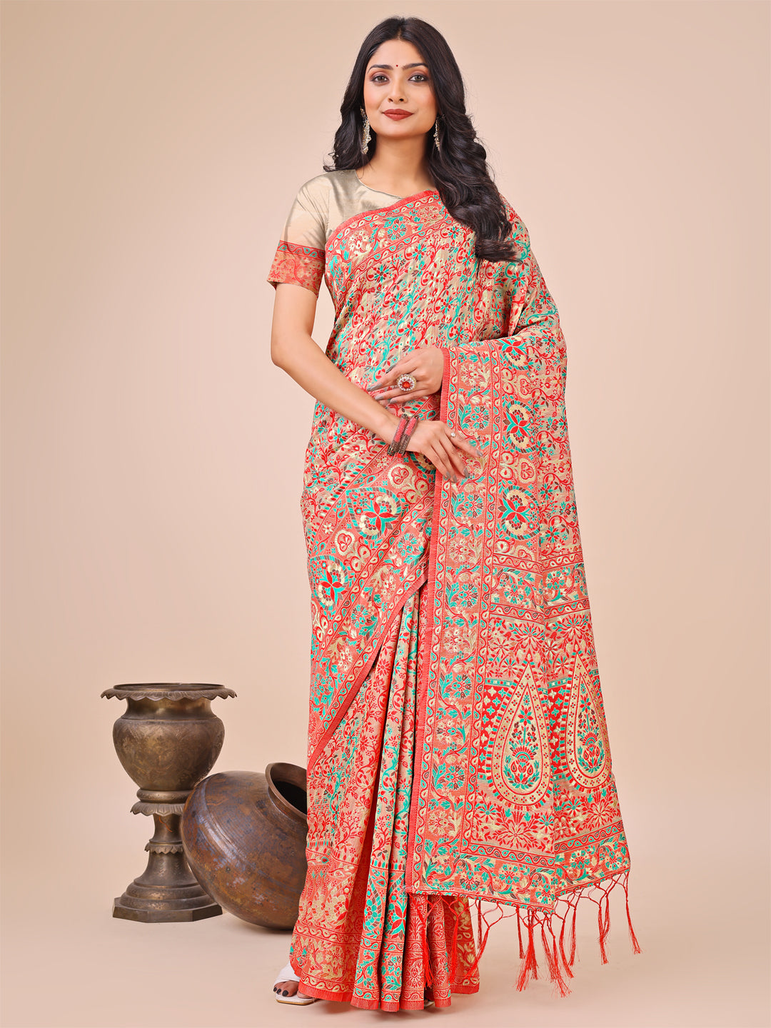Elegant Cream Jacquard Linen Cotton Saree with Traditional Multicolor Weave & Tassel Pallu