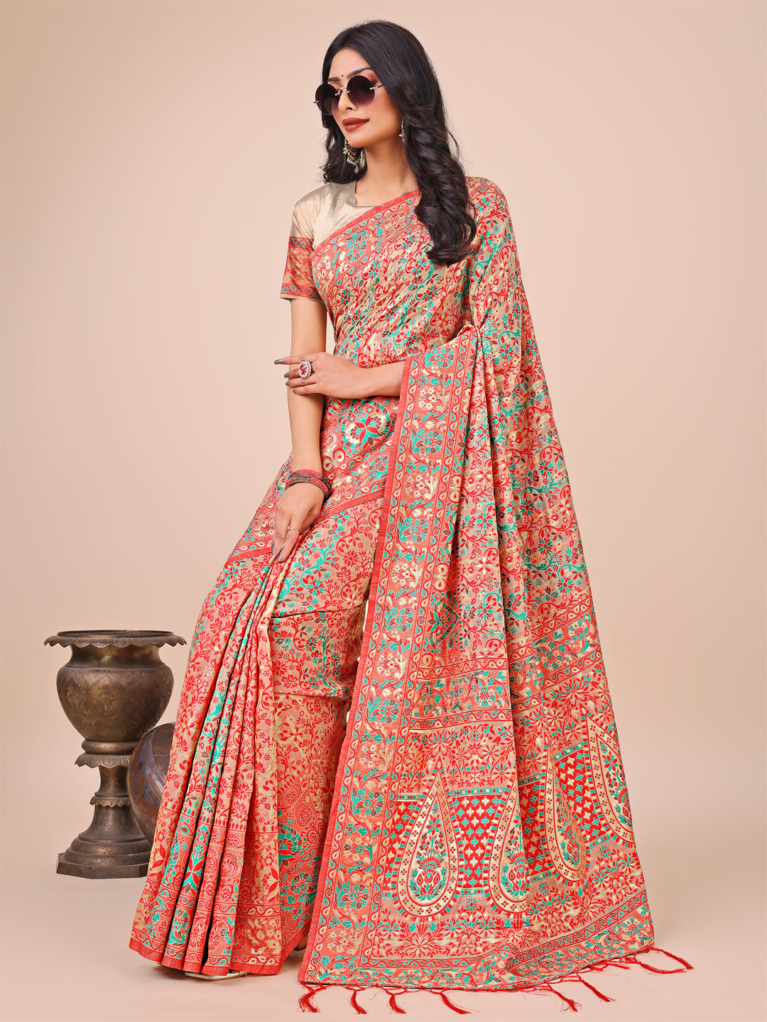 Elegant Cream Jacquard Linen Cotton Saree with Traditional Multicolor Weave & Tassel Pallu