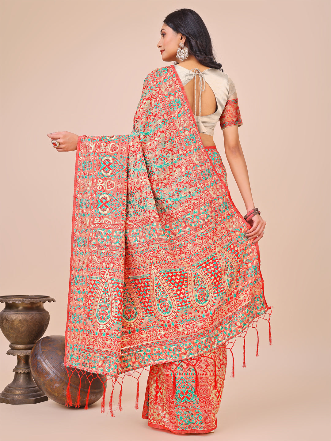 Elegant Cream Jacquard Linen Cotton Saree with Traditional Multicolor Weave & Tassel Pallu