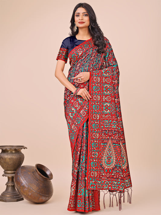 Elegant Red Jacquard Linen Cotton Saree with Traditional Multicolor Weave & Tassel Pallu
