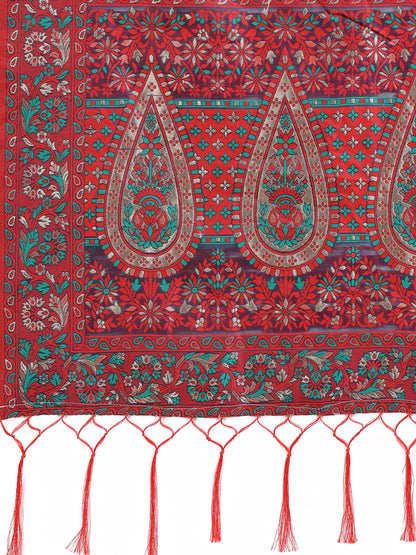 Elegant Red Jacquard Linen Cotton Saree with Traditional Multicolor Weave & Tassel Pallu