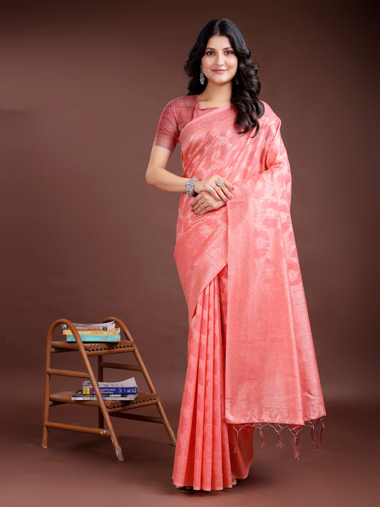 Astita Elegant Peach Pink Linen Cotton Saree for Women – Soft Lightweight Saree with Subtle Self-Weave & Tassel Pallu
