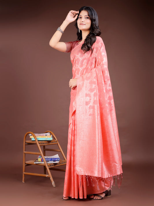 Astita Elegant Peach Pink Linen Cotton Saree for Women – Soft Lightweight Saree with Subtle Self-Weave & Tassel Pallu