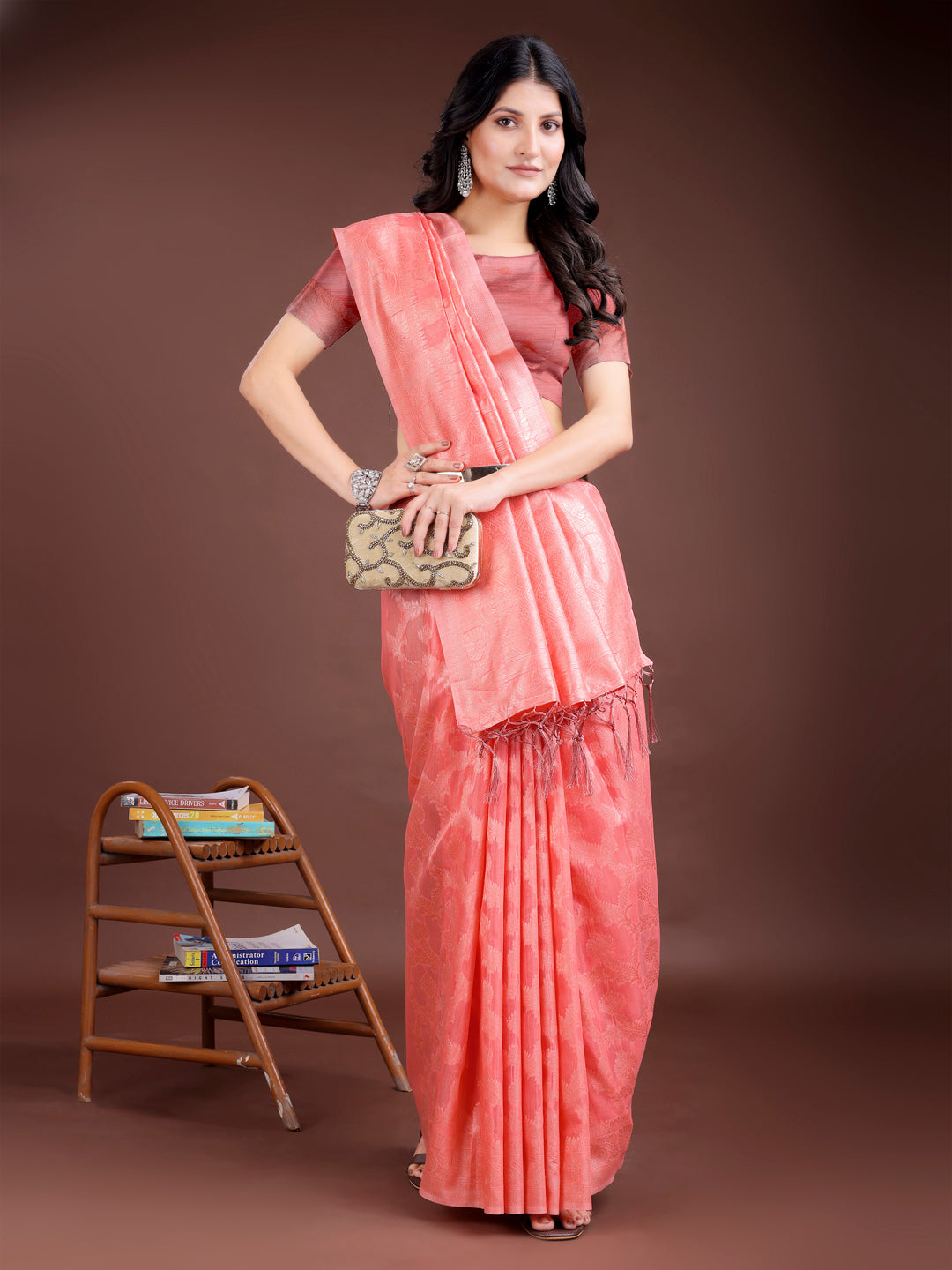Astita Elegant Peach Pink Linen Cotton Saree for Women – Soft Lightweight Saree with Subtle Self-Weave & Tassel Pallu