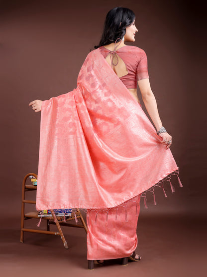 Astita Elegant Peach Pink Linen Cotton Saree for Women – Soft Lightweight Saree with Subtle Self-Weave & Tassel Pallu