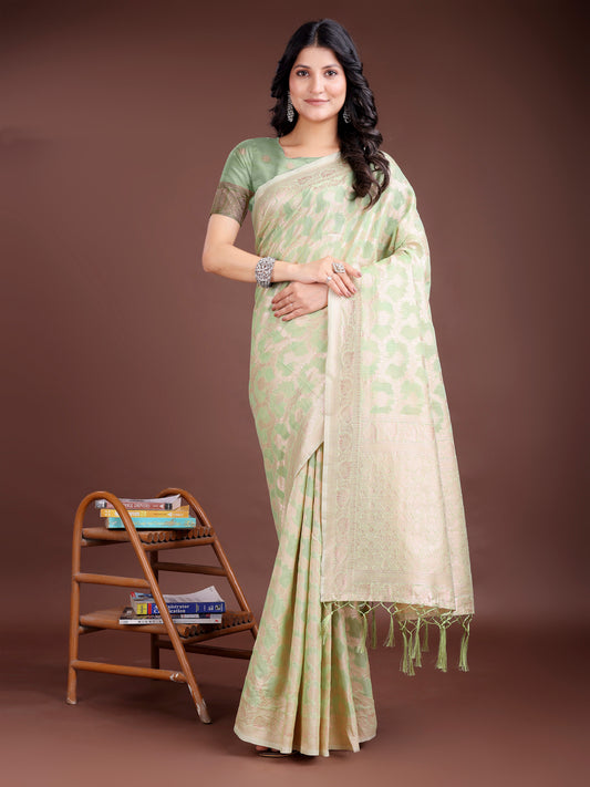 Astita Elegant Light Green Linen Cotton Saree for Women – Soft Lightweight Saree with Subtle Self-Weave & Tassel Pallu