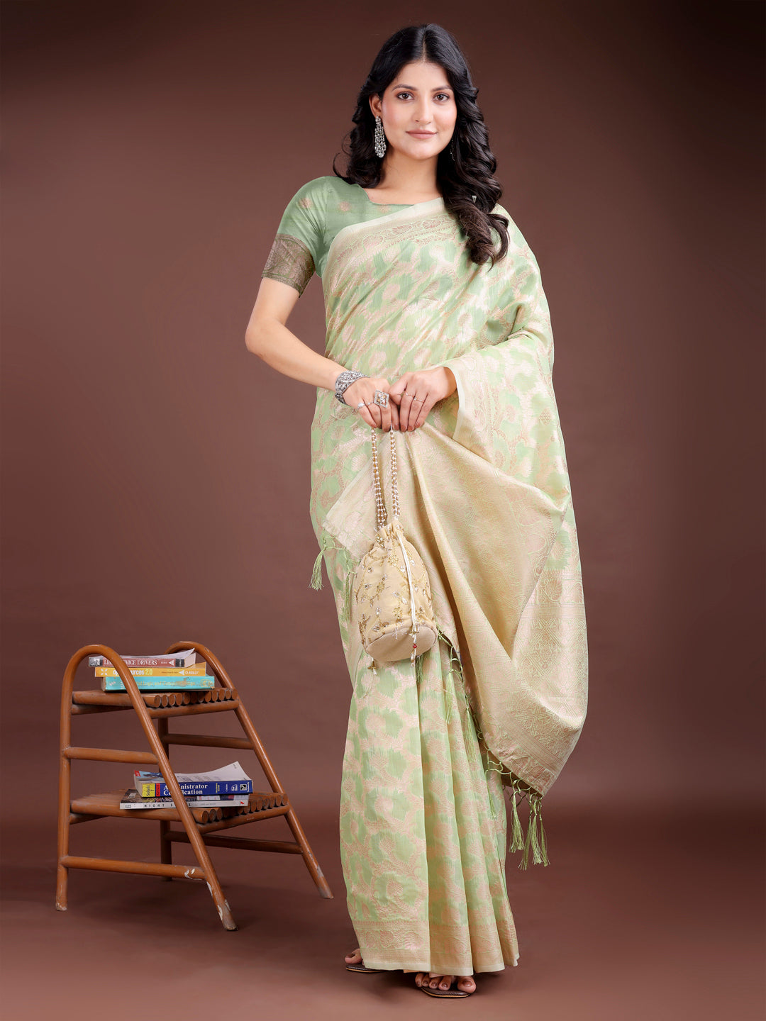 Astita Elegant Light Green Linen Cotton Saree for Women – Soft Lightweight Saree with Subtle Self-Weave & Tassel Pallu