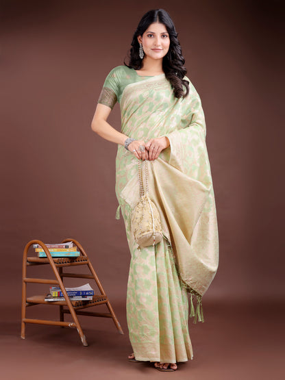 Astita Elegant Light Green Linen Cotton Saree for Women – Soft Lightweight Saree with Subtle Self-Weave & Tassel Pallu