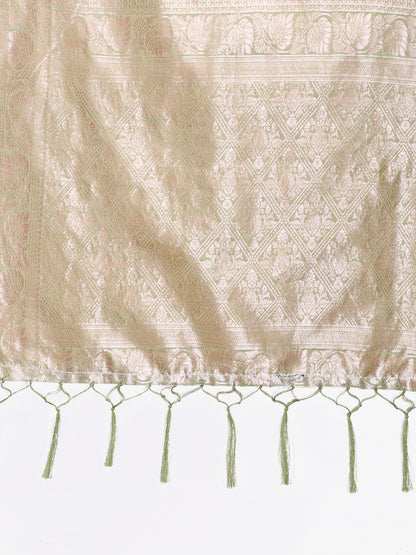 Astita Elegant Light Green Linen Cotton Saree for Women – Soft Lightweight Saree with Subtle Self-Weave & Tassel Pallu