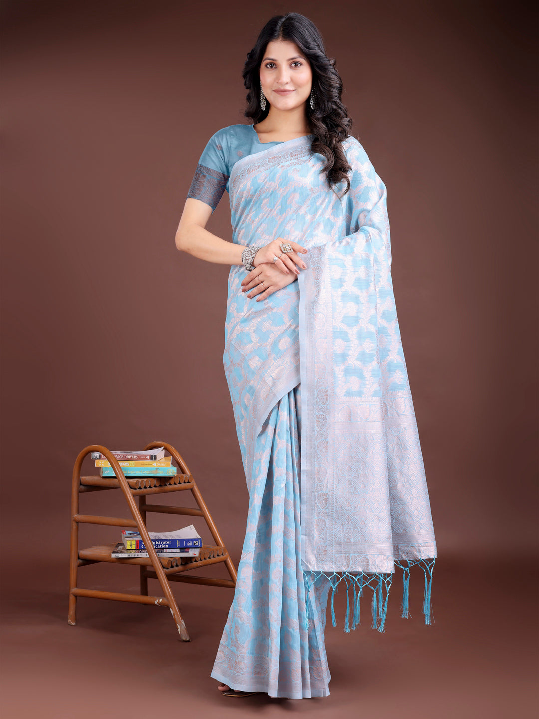 Astita Elegant Sky Blue Linen Cotton Saree for Women – Soft Lightweight Saree with Subtle Self-Weave & Tassel Pallu