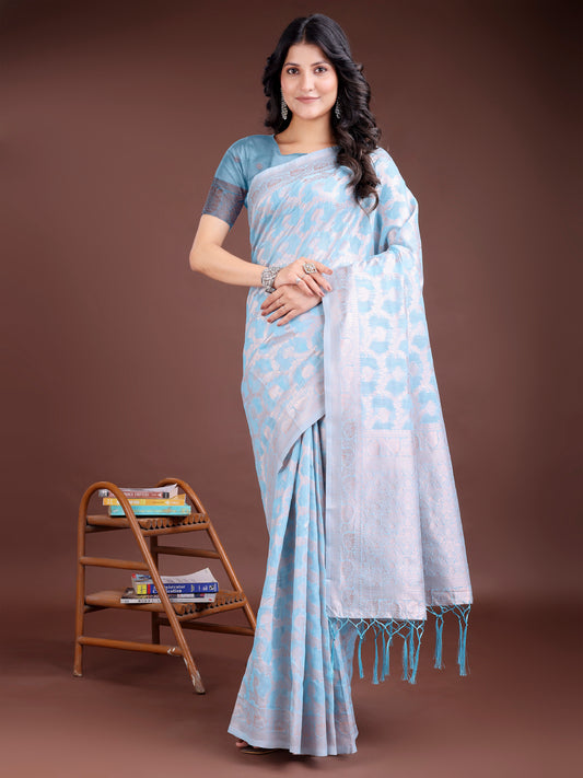 Astita Elegant Sky Blue Linen Cotton Saree for Women – Soft Lightweight Saree with Subtle Self-Weave & Tassel Pallu