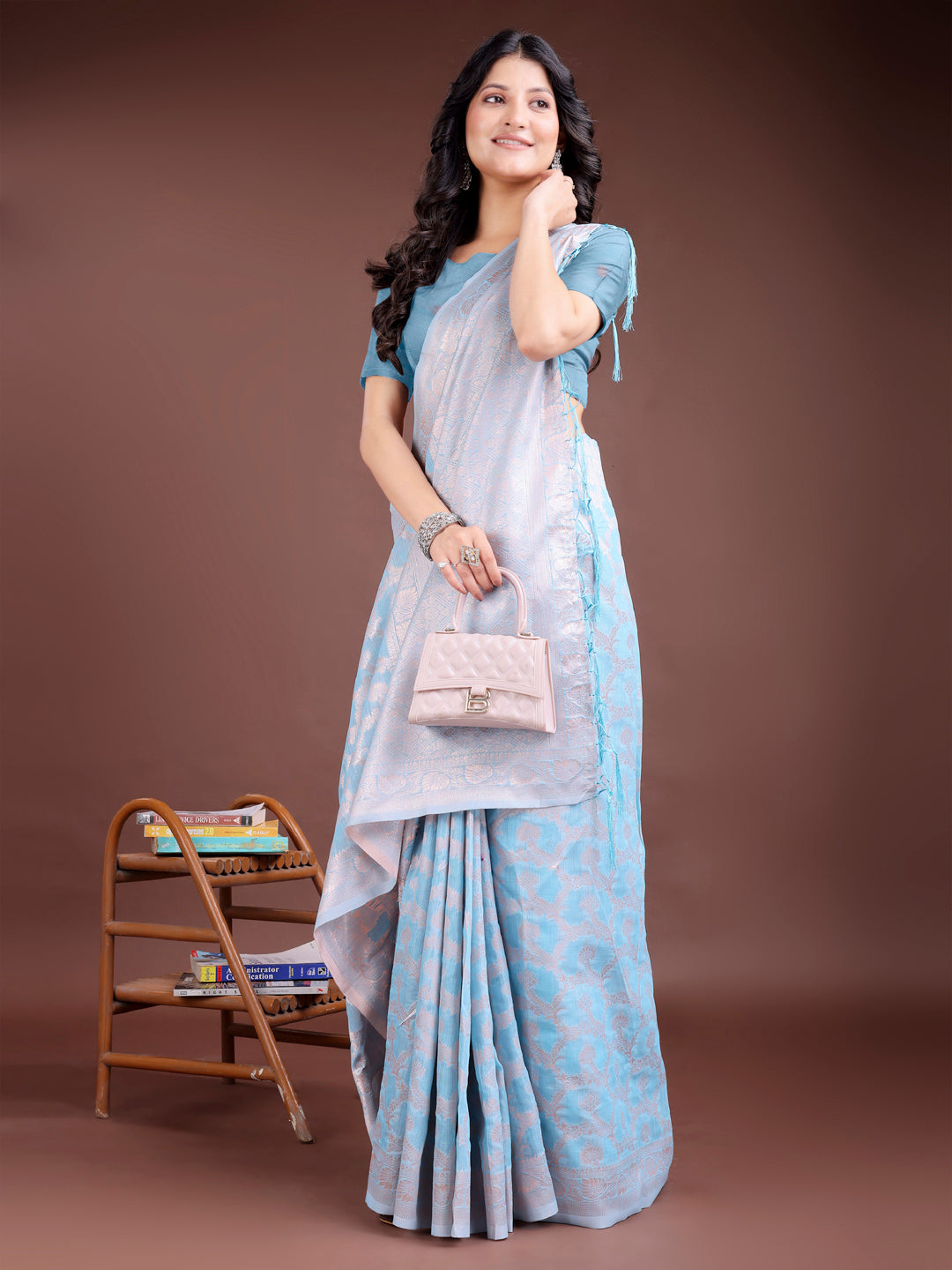 Astita Elegant Sky Blue Linen Cotton Saree for Women – Soft Lightweight Saree with Subtle Self-Weave & Tassel Pallu