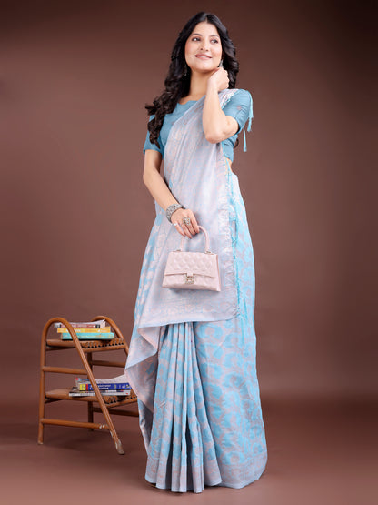 Astita Elegant Sky Blue Linen Cotton Saree for Women – Soft Lightweight Saree with Subtle Self-Weave & Tassel Pallu