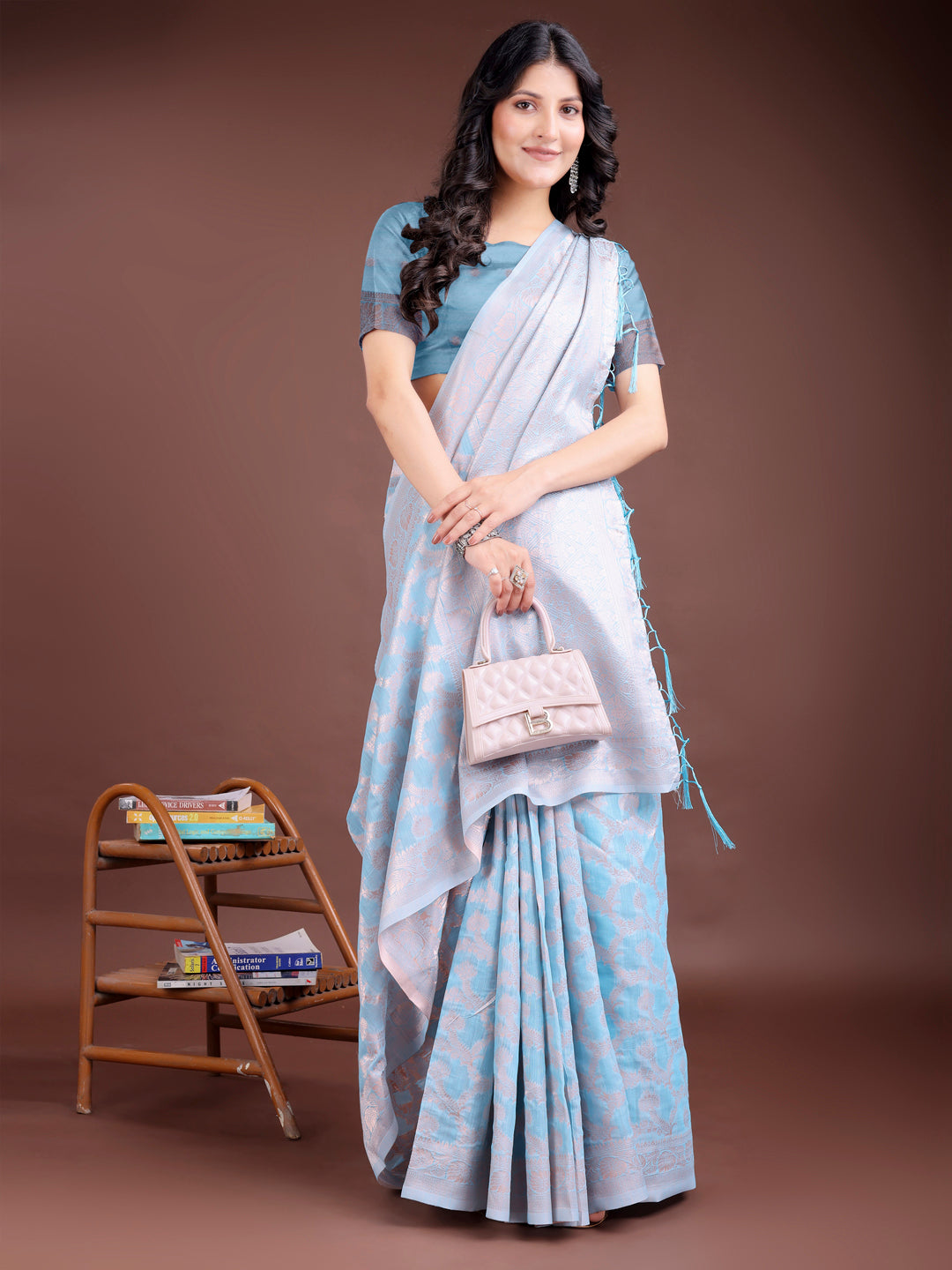 Astita Elegant Sky Blue Linen Cotton Saree for Women – Soft Lightweight Saree with Subtle Self-Weave & Tassel Pallu