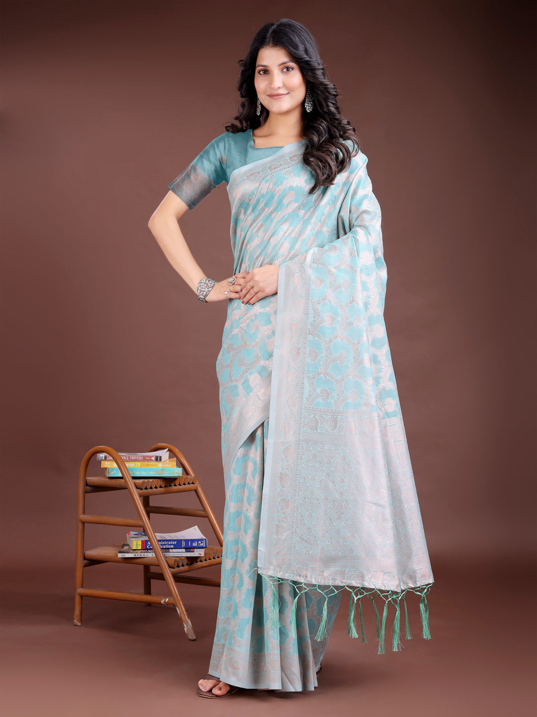 Astita Elegant Sea Green Linen Cotton Saree for Women – Soft Lightweight Saree with Subtle Self-Weave & Tassel Pallu