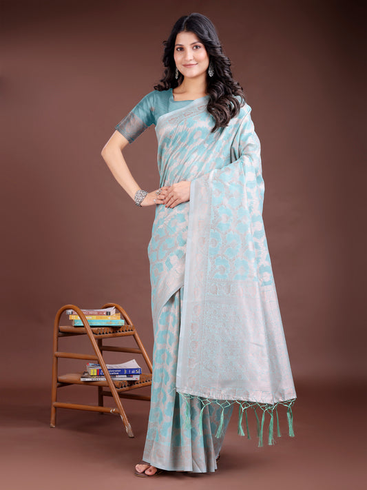 Astita Elegant Sea Green Linen Cotton Saree for Women – Soft Lightweight Saree with Subtle Self-Weave & Tassel Pallu