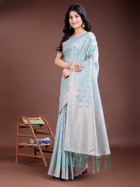 Astita Elegant Sea Green Linen Cotton Saree for Women – Soft Lightweight Saree with Subtle Self-Weave & Tassel Pallu