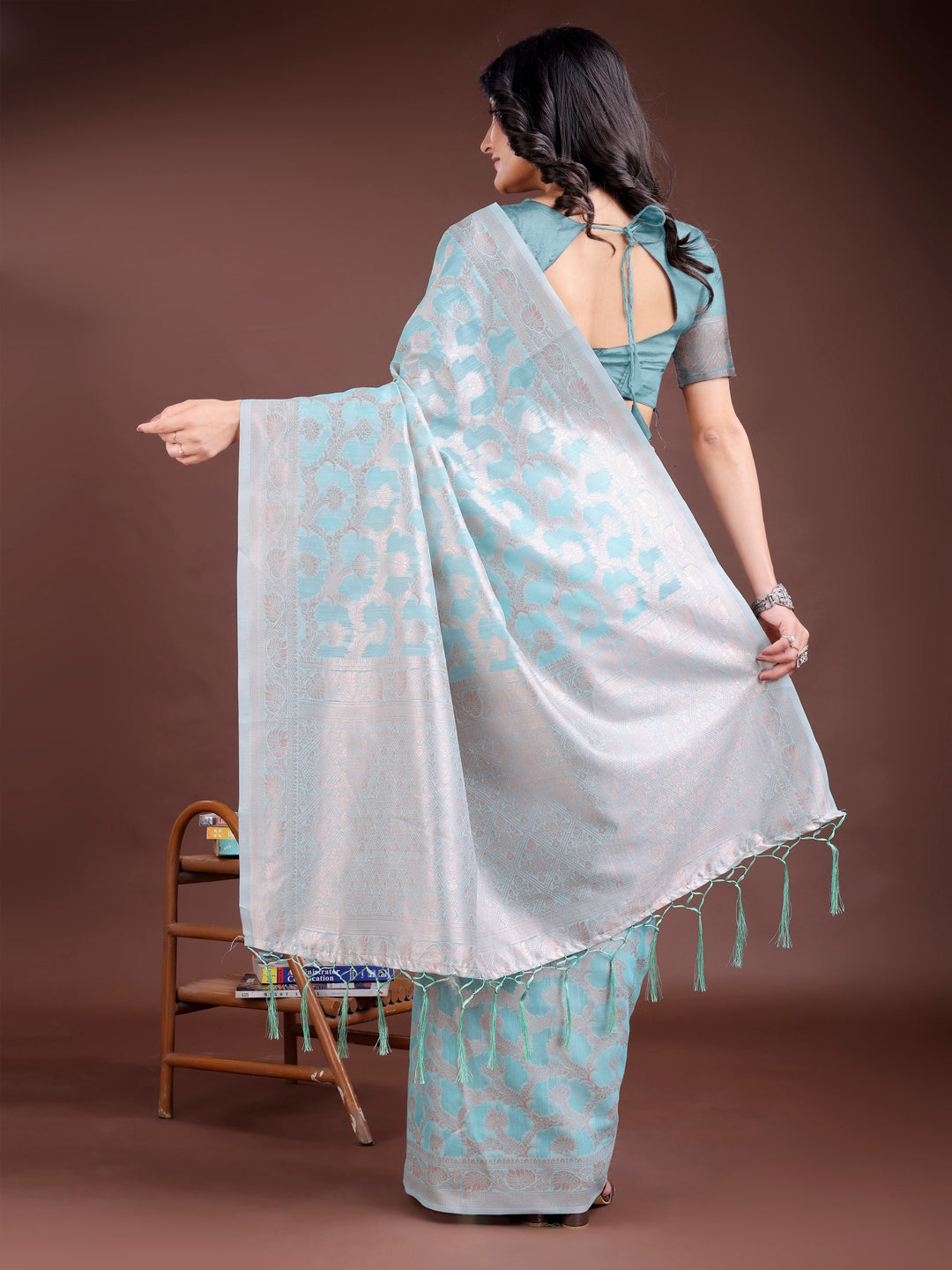 Astita Elegant Sea Green Linen Cotton Saree for Women – Soft Lightweight Saree with Subtle Self-Weave & Tassel Pallu