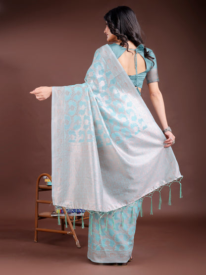 Astita Elegant Sea Green Linen Cotton Saree for Women – Soft Lightweight Saree with Subtle Self-Weave & Tassel Pallu