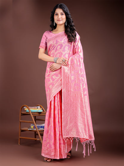 Astita Elegant Pink Linen Cotton Saree for Women – Soft Lightweight Saree with Subtle Self-Weave & Tassel Pallu
