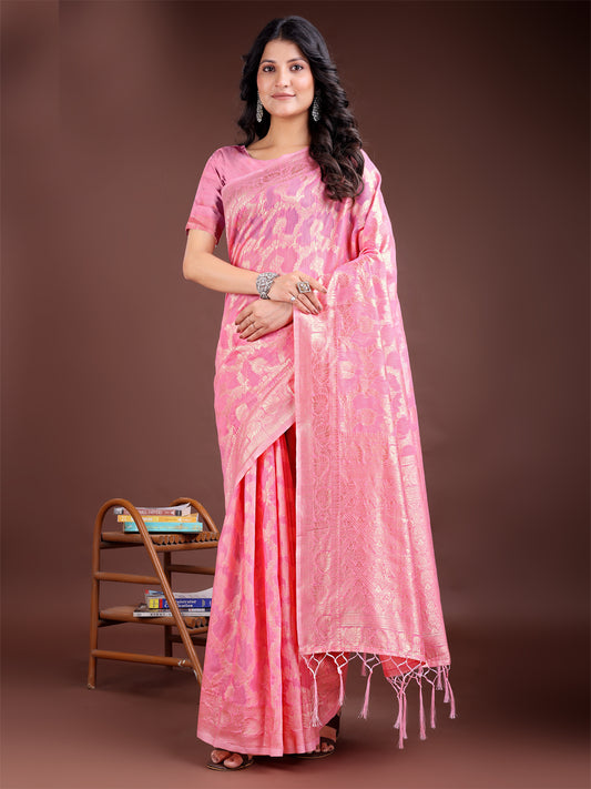 Astita Elegant Pink Linen Cotton Saree for Women – Soft Lightweight Saree with Subtle Self-Weave & Tassel Pallu