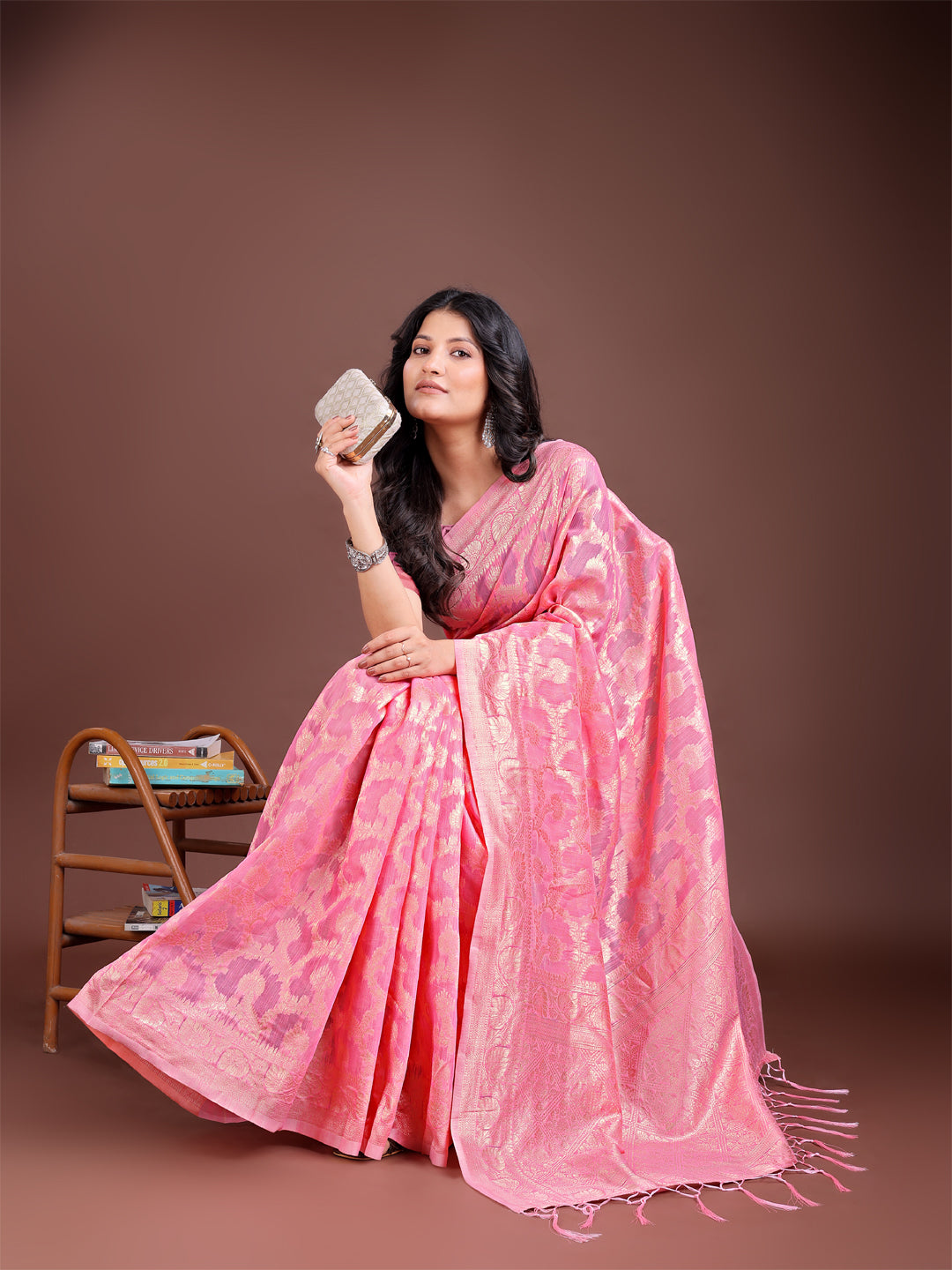 Astita Elegant Pink Linen Cotton Saree for Women – Soft Lightweight Saree with Subtle Self-Weave & Tassel Pallu