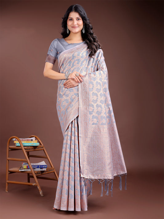 Astita Elegant Grey Linen Cotton Saree for Women – Soft Lightweight Saree with Subtle Self-Weave & Tassel Pallu